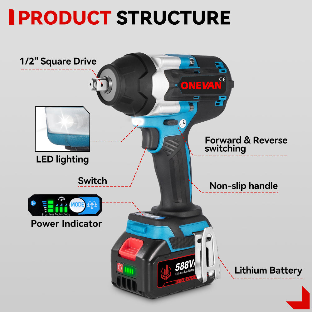 ONEVAN 1/2 1800N¡¤m Torque Brushless Cordless Impact Wrench | For Makita 18V Battery