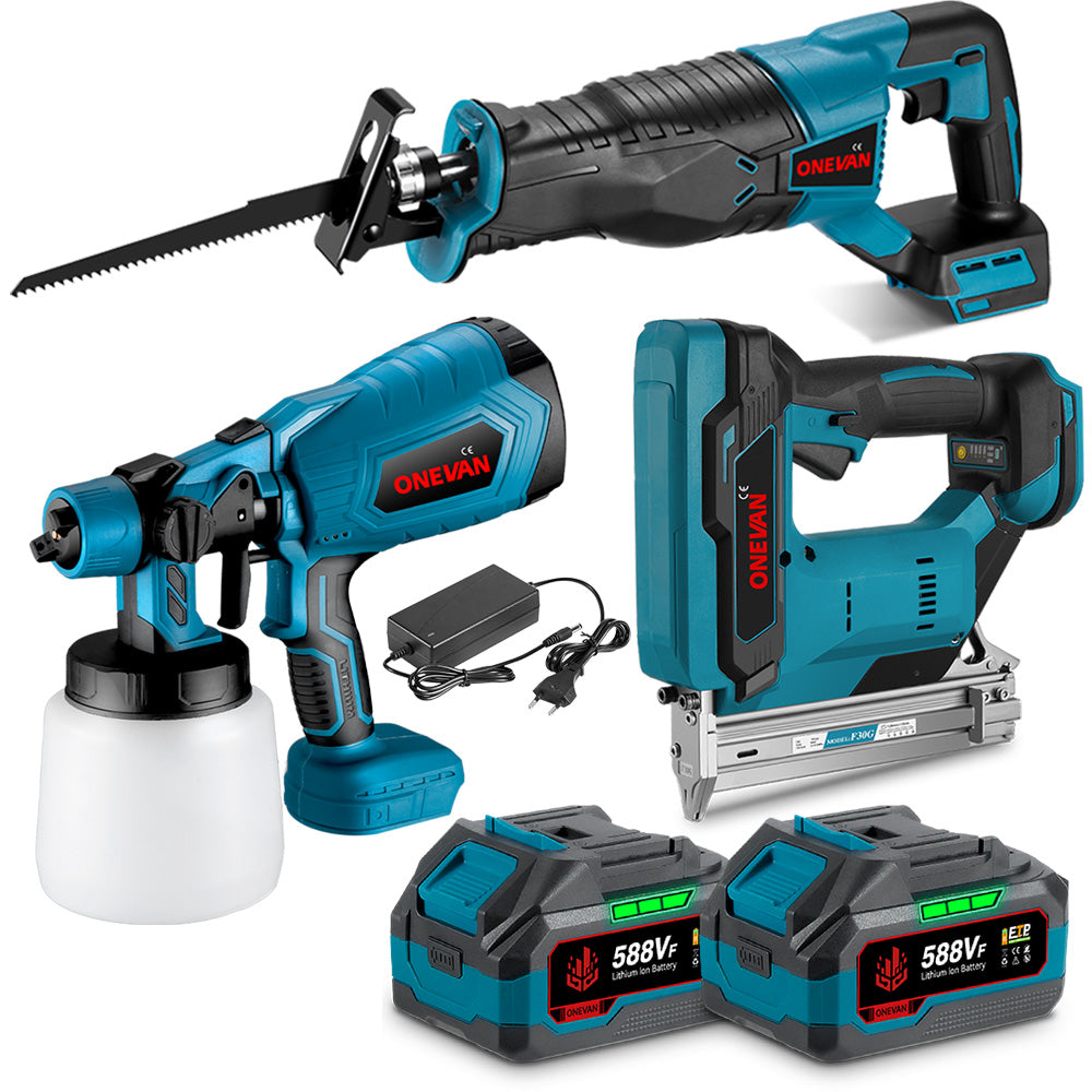 ONEVAN Paint Spray Gun & F30G Nail Gun & 32mm Reciprocating Saw Brushless Cordless 3?Pc. Combo Kit 6.0Ah
