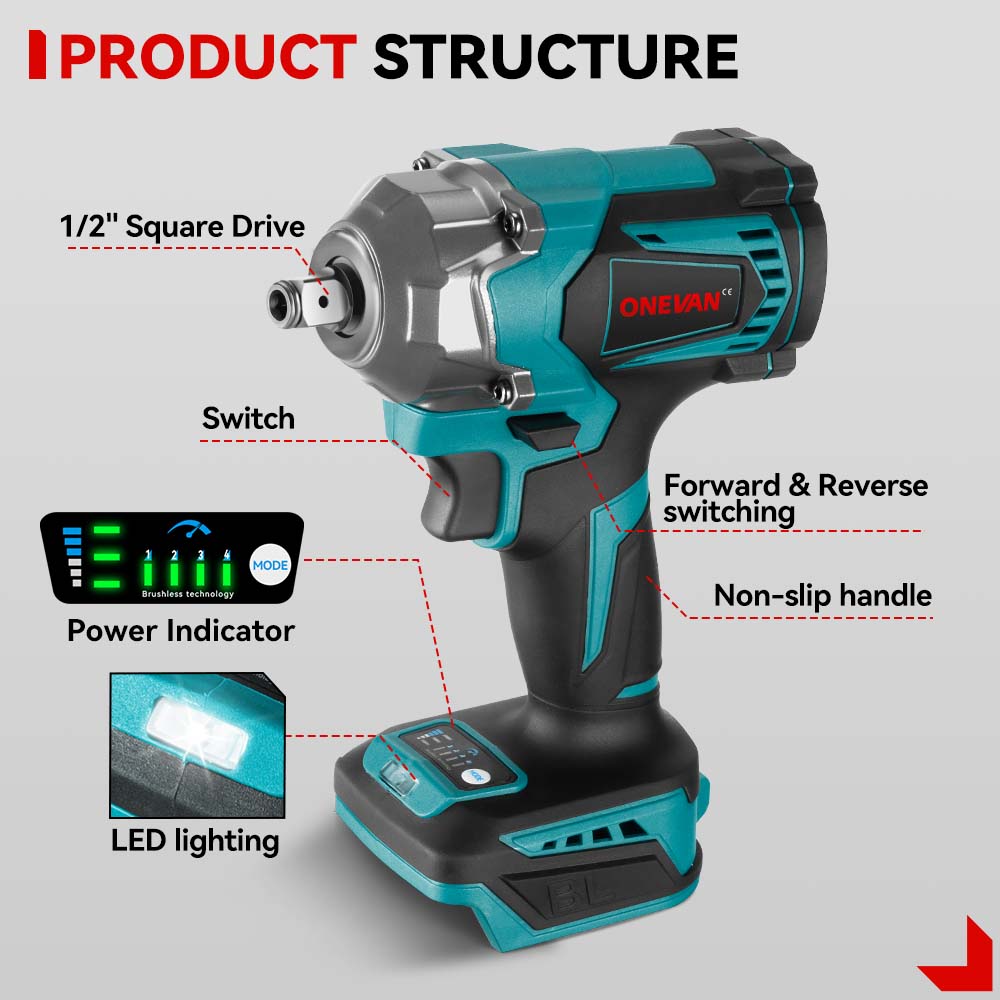 ONEVAN 1/2 1200N¡¤m Brushless Impact Wrench & Polishing Machine 2?Pc. Combo Kit 6.0Ah