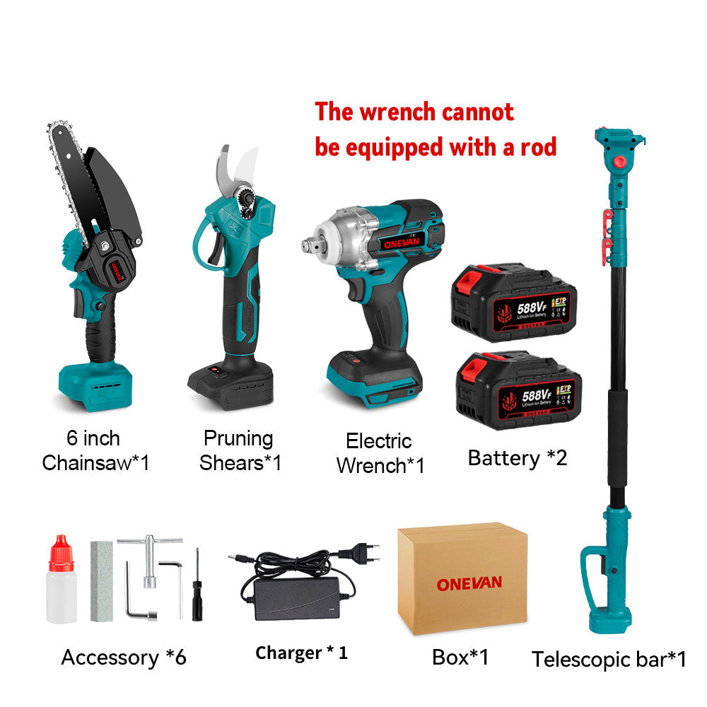 ONEVAN 520N¡¤m Wrench & 6 Chainsaw & 25mm Pruner with 2m Telescoping Pole Brushless Cordless Combo Kit