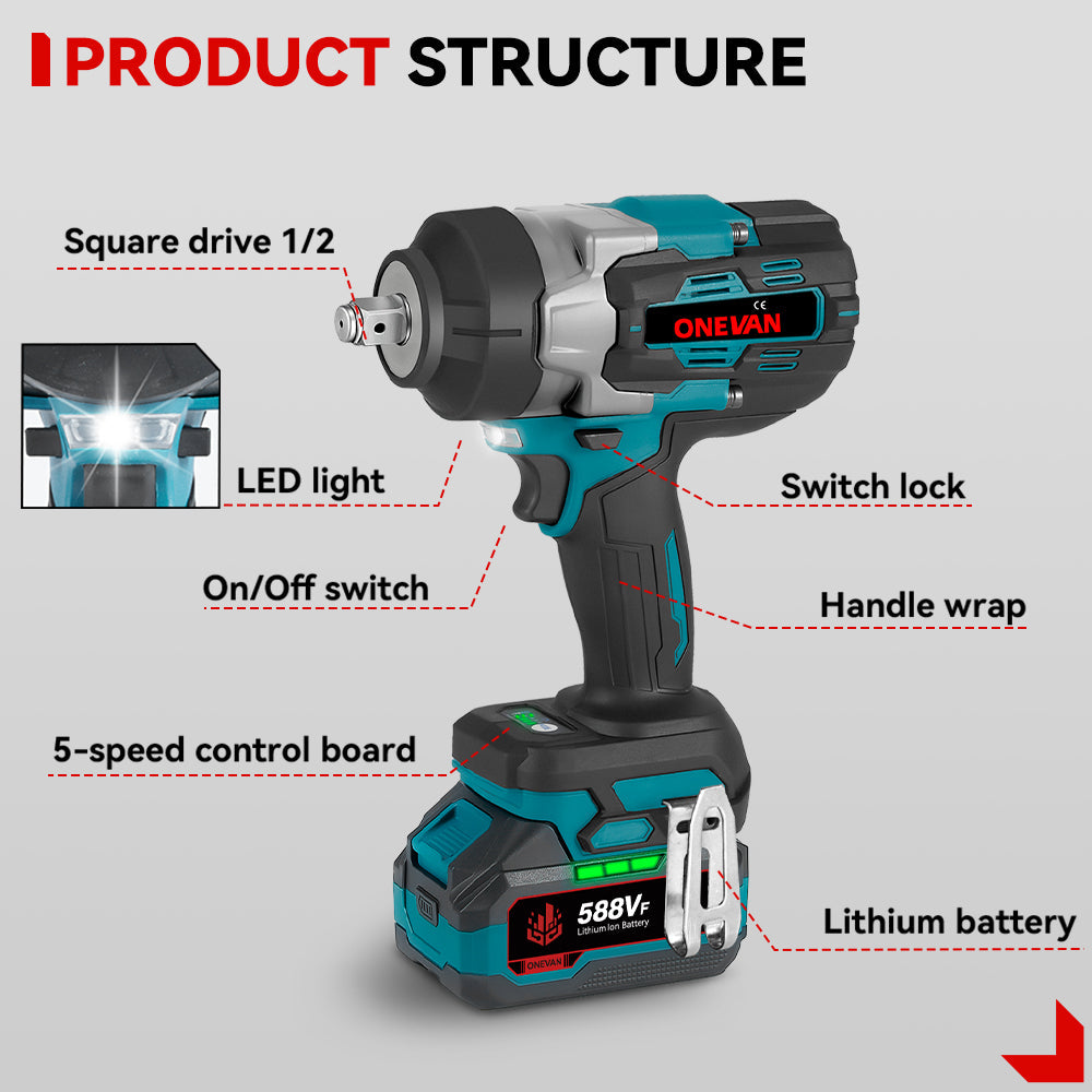 ONEVAN 1/2 2800N¡¤m Brushless Cordless Impact Wrench | For Makita 18V Battery