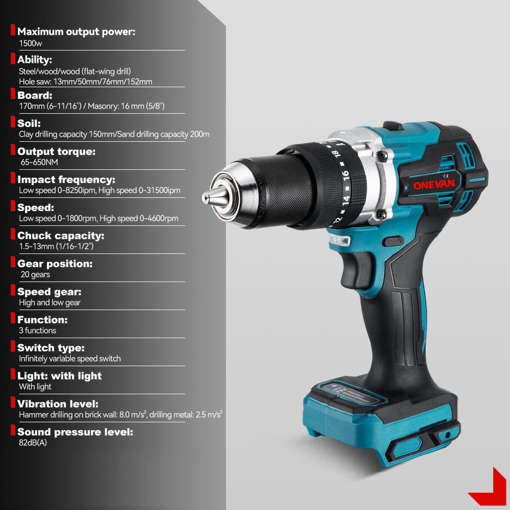 ONEVAN 650N¡¤m 13mm Brushless Cordless Drill 20+3 Torque | For Makita 18V Battery