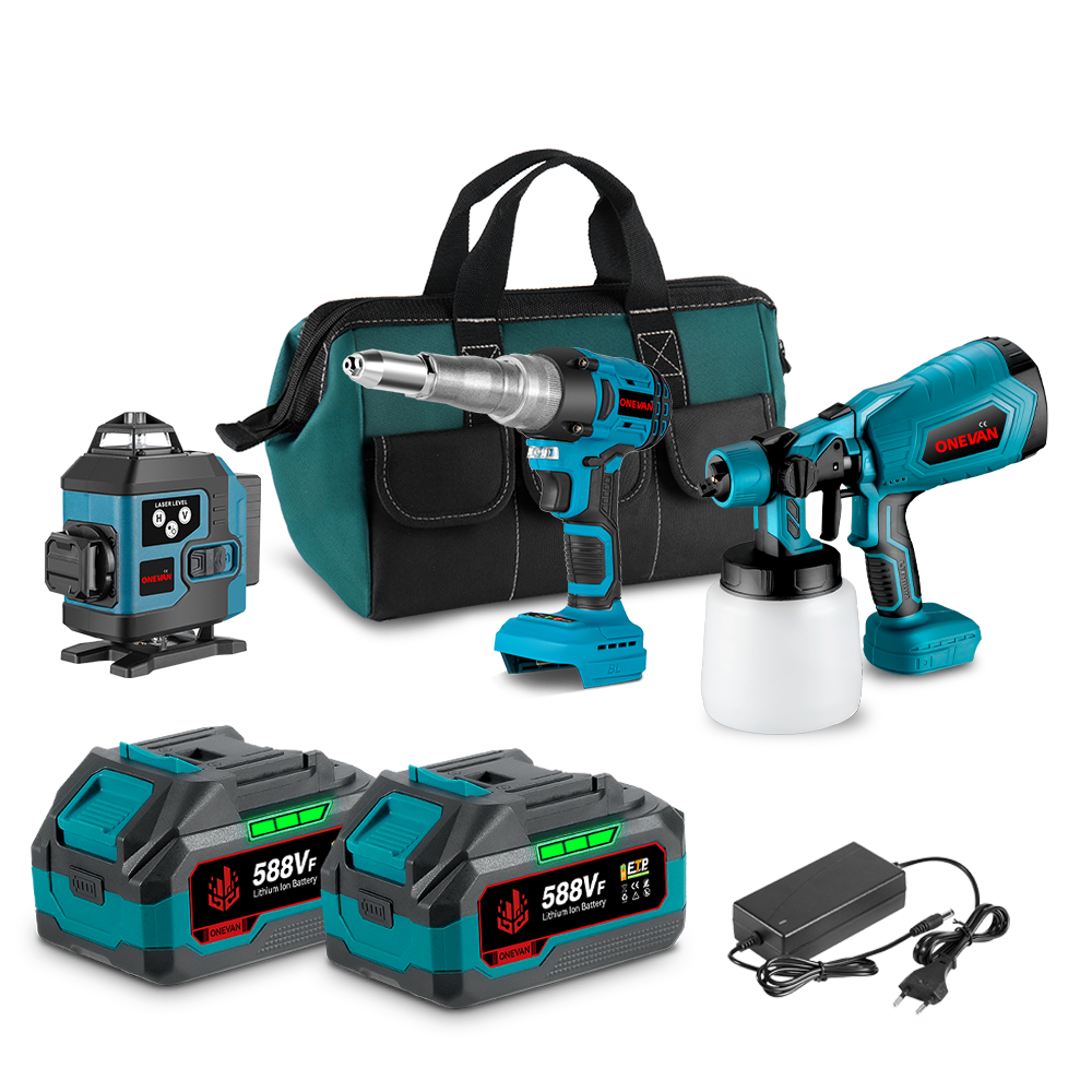 ONEVAN Paint Spray Gun & Green Laser Level & Electric Rivet Gun Brushless Cordless 3?Pc. Combo Kit 6.0Ah