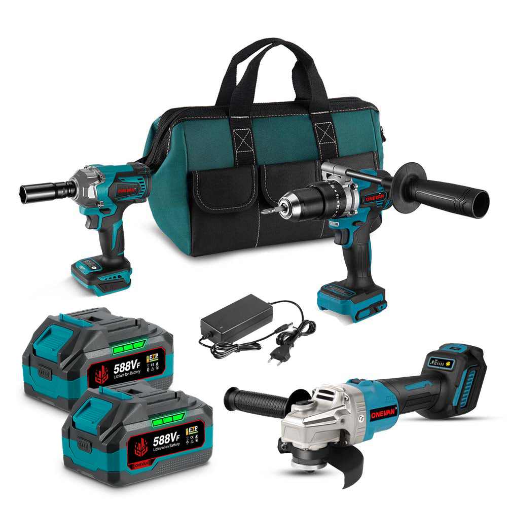 ONEVAN 1/2 Impact Wrench & 13mm Electric Drill & 125mm Angle Grinder Brushless Cordless 3?Pc. Combo Kit 6.0Ah