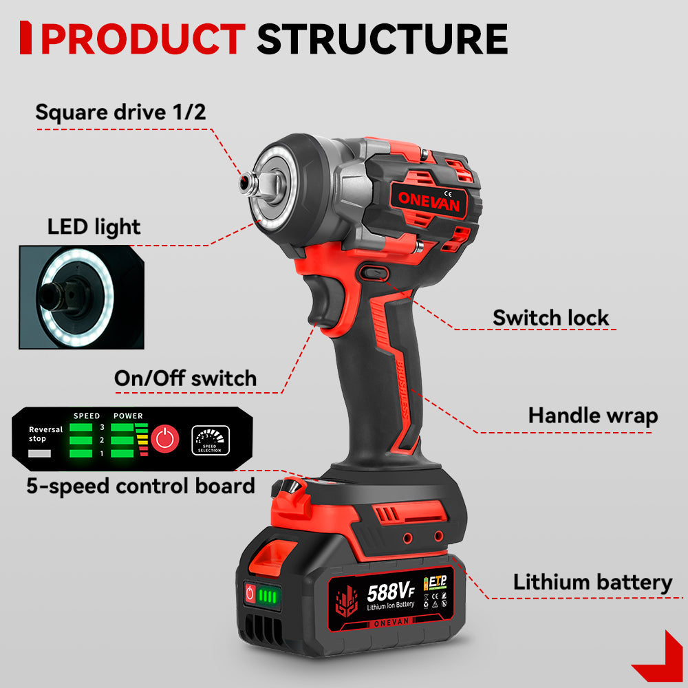 ONEVAN 1/2 1200N¡¤m Brushless Cordless Impact Wrench With 2 Batteries & 12-Piece Socket Set