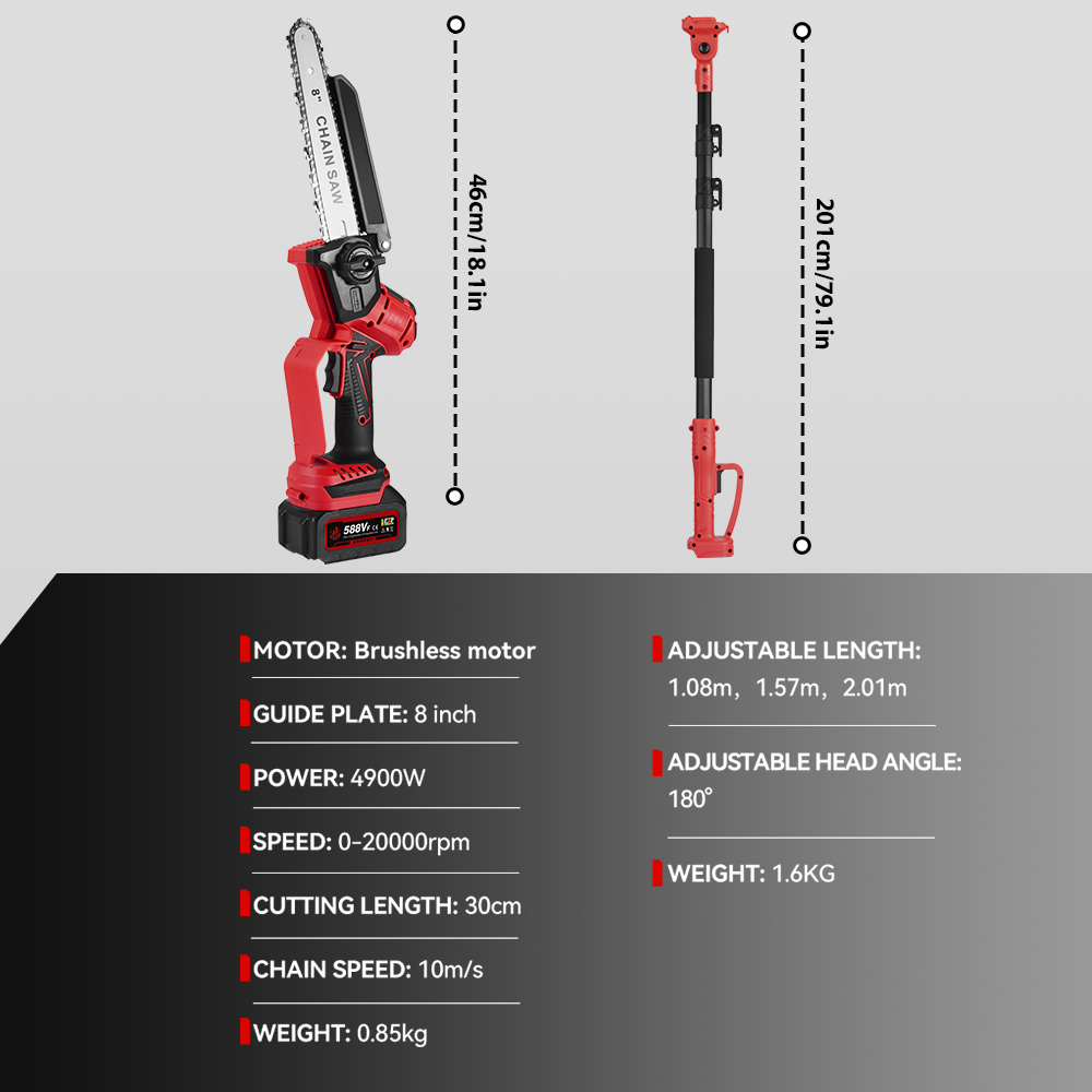 ONEVAN 8 Cordless Pole Saw 2 In 1 Brushless Chainsaw with Telescoping Pole(1.08-2.01m) | For Makita 18V Battery