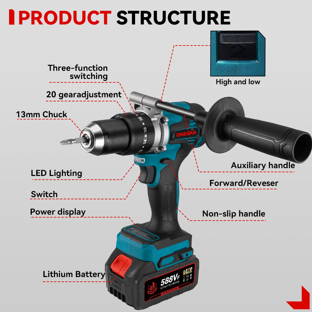 ONEVAN 650N¡¤m 13mm Brushless Cordless Drill 20+3 Torque | For Makita 18V Battery