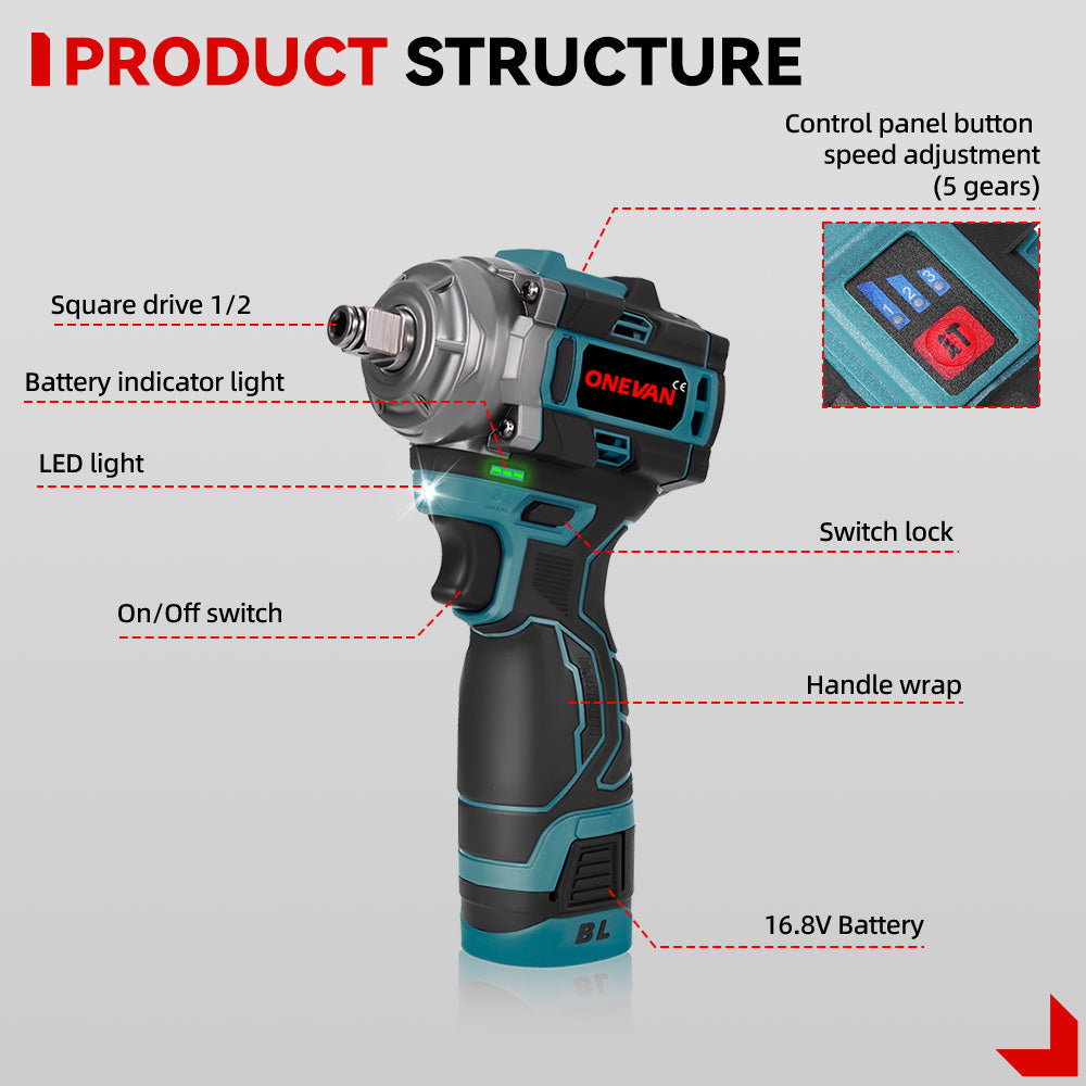 ONEVAN 16.8V 1/2 500N¡¤m Brushless Cordless Impact Wrench With 2 Batteries & Charger