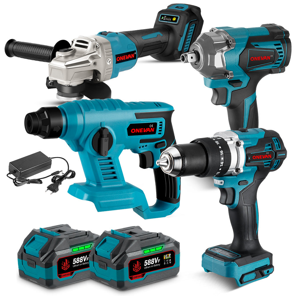 ONEVAN 1/2 1200N¡¤m Impact Wrench & 125mm Grinder & 13mm Drill & Hammer Drill Brushless Cordless 4?Pc. Combo Kit 6.0Ah