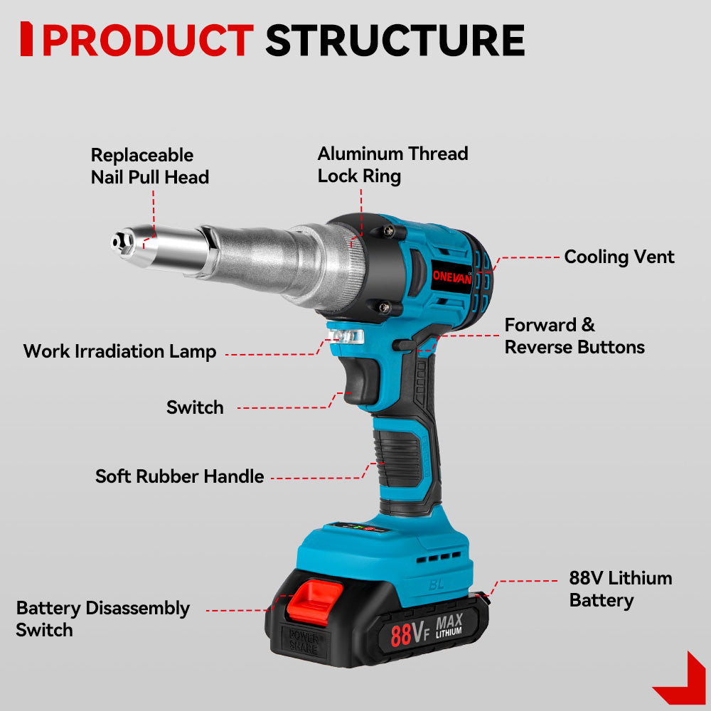 ONEVAN 20000N Brushless Electric Rivet Gun | For Makita 18V Battery