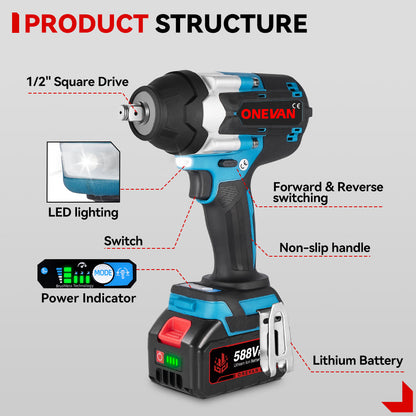 ONEVAN 1/2 1800N¡¤m Torque Brushless Cordless Impact Wrench | For Makita 18V Battery