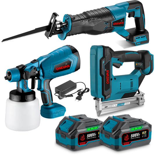 ONEVAN Paint Spray Gun & F30G Nail Gun & 32mm Reciprocating Saw Brushless Cordless 3?Pc. Combo Kit 6.0Ah