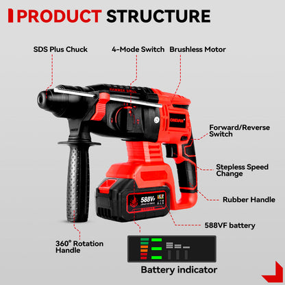ONEVAN 26mm 2000W Brushless Cordless Hammer Drill | For Makita 18V Battery