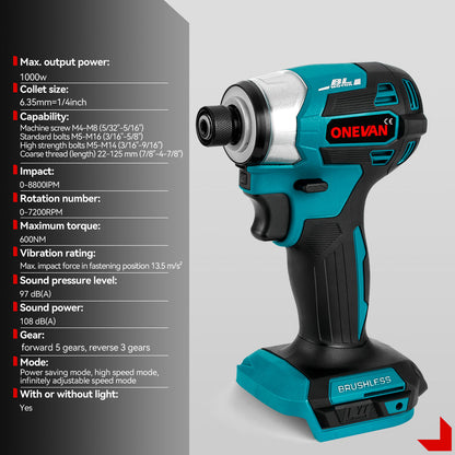ONEVAN 125mm Circular Saw & 13mm Electric Drill & 1/4 Screwdriver Brushless Cordless 3?Pc. Combo Kit 6.0Ah