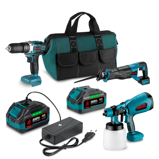 ONEVAN Reciprocating Saw & Impact Drill & Paint Spray Gun Brushless Cordless 3?Pc. Combo Kit 6.0Ah