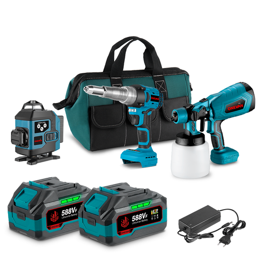 ONEVAN Paint Spray Gun & Green Laser Level & Electric Rivet Gun Brushless Cordless 3?Pc. Combo Kit 6.0Ah