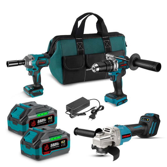ONEVAN 1/2 Impact Wrench & 13mm Electric Drill & 125mm Angle Grinder Brushless Cordless 3?Pc. Combo Kit 6.0Ah
