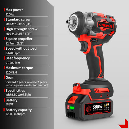 ONEVAN 1/2 1200N¡¤m Brushless Cordless Impact Wrench With 2 Batteries & 12-Piece Socket Set