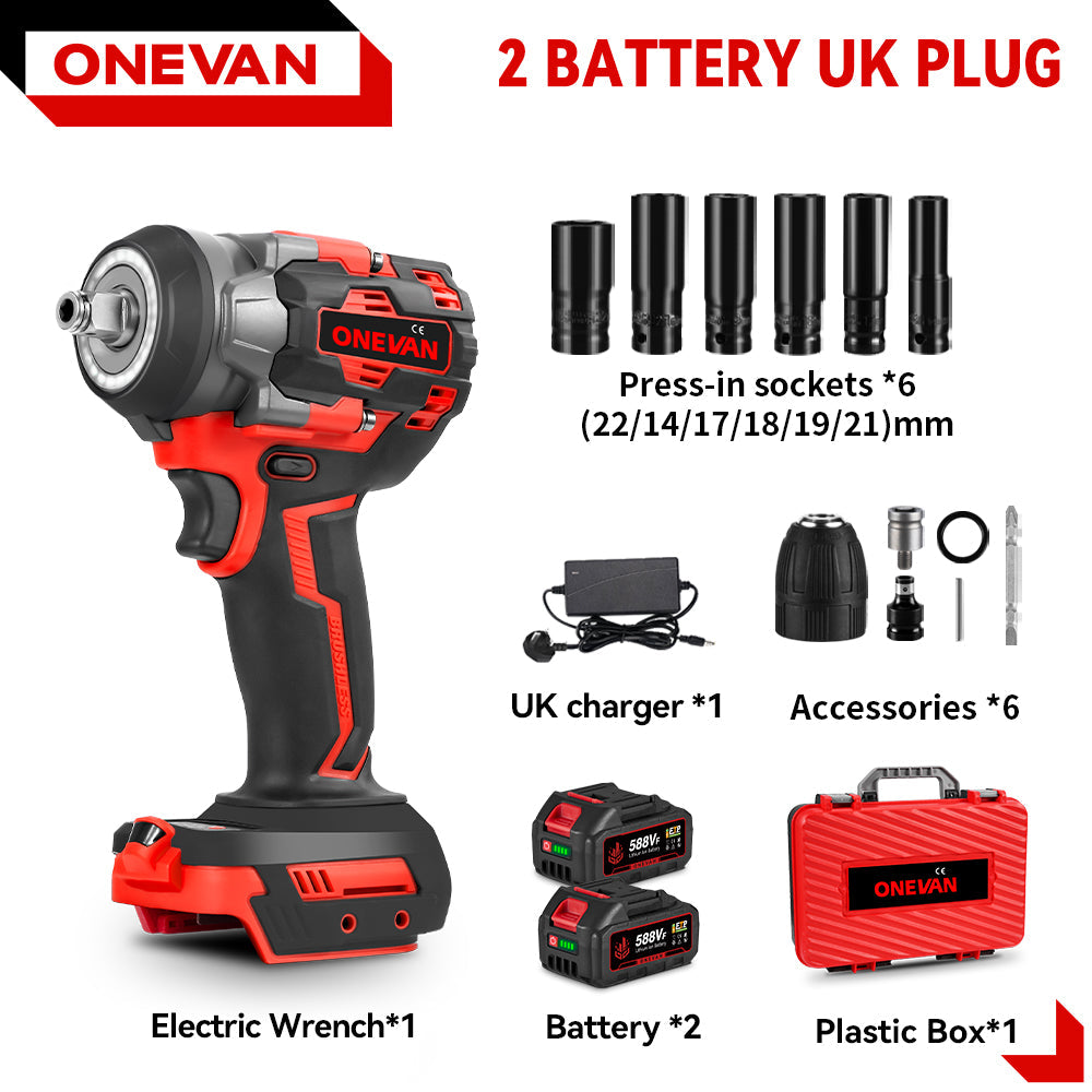 ONEVAN 1/2 1200N¡¤m Brushless Cordless Impact Wrench With 2 Batteries & 12-Piece Socket Set