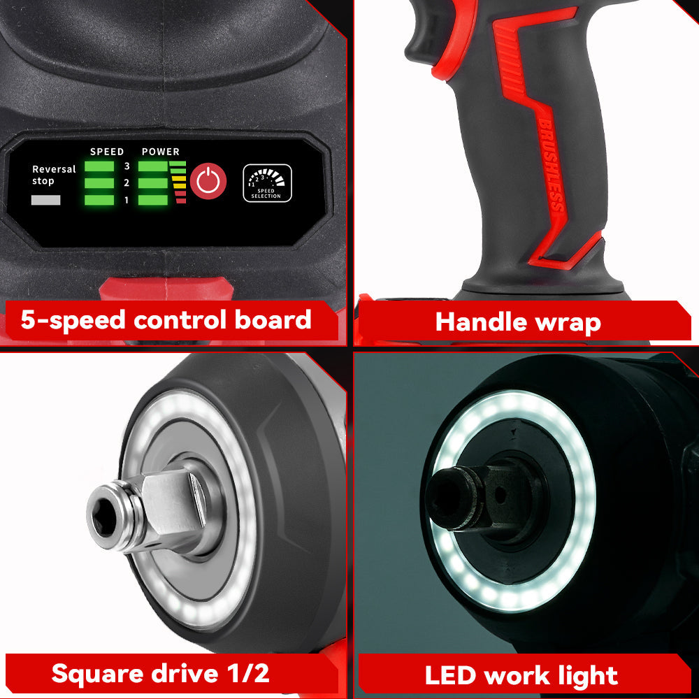 ONEVAN 1/2 1200N¡¤m Brushless Cordless Impact Wrench With 2 Batteries & 12-Piece Socket Set