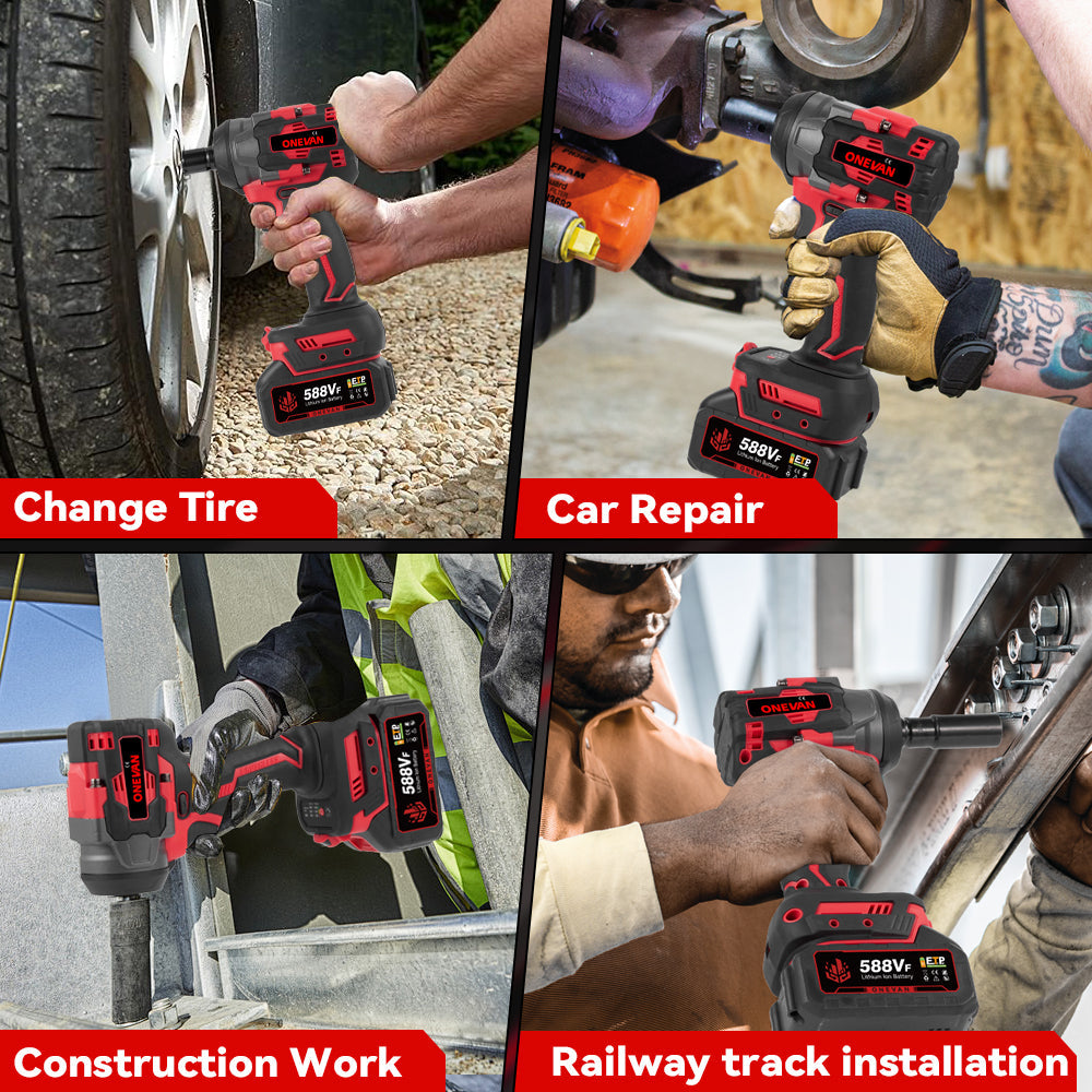 ONEVAN 1/2 1200N¡¤m Brushless Cordless Impact Wrench With 2 Batteries & 12-Piece Socket Set