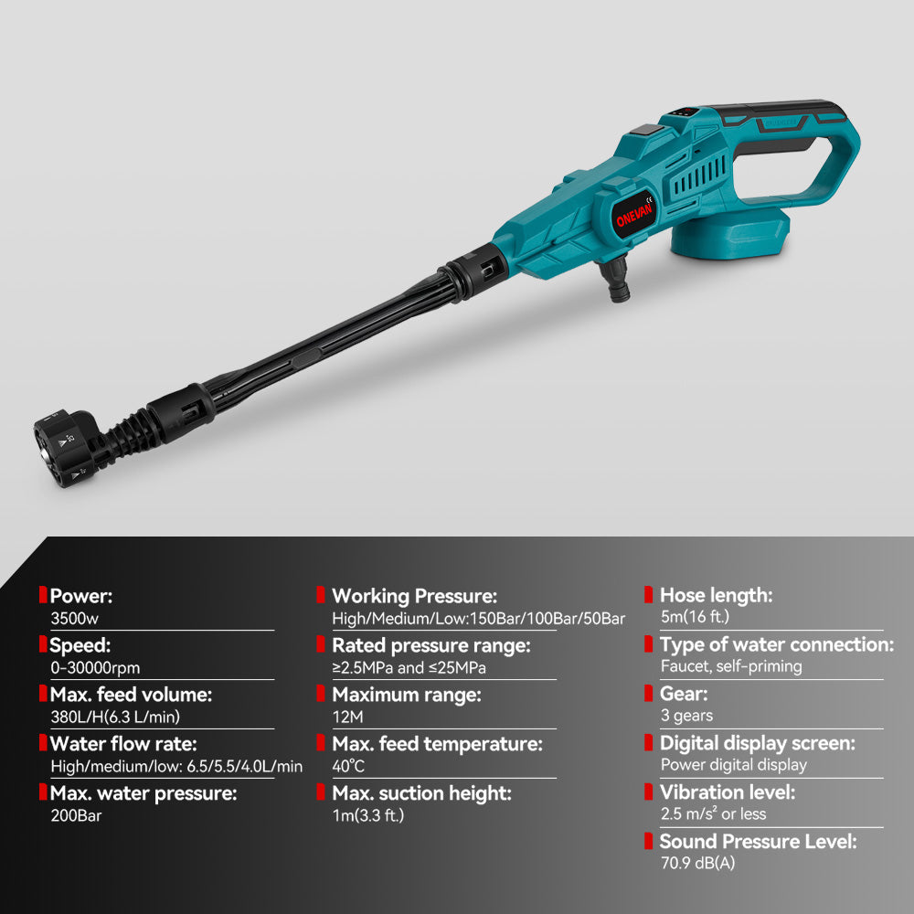 ONEVAN 3500W 200Bar Brushless Electric Cordless Pressure Washer | For Makita 18V Battery