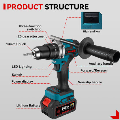 ONEVAN 650N¡¤m 13mm Brushless Cordless Drill 20+3 Torque | For Makita 18V Battery